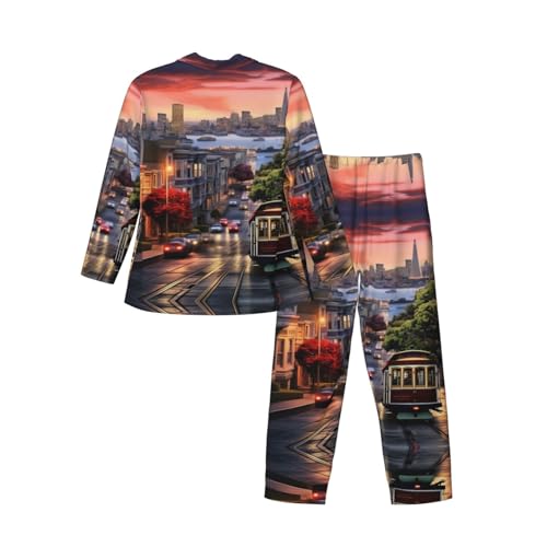 KIROJA San Francisco Print Pajamas Set For Men/Women,Casual Loose Homewear Set V-Neck Long Sleeve Shirt Pj Pants2