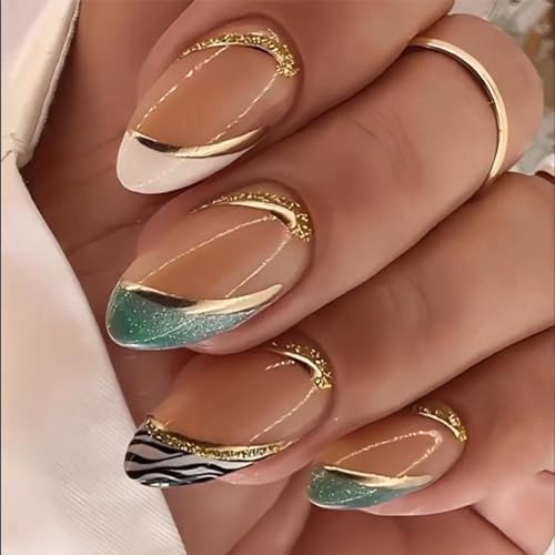 24pcs Short Almond False Nails French Tip Nude Pink Stick on Nails Glitter Green White Edge Gold Swirl Press on Nail Removable Full Cover Glue on Fake Nail Art Accessories for Women