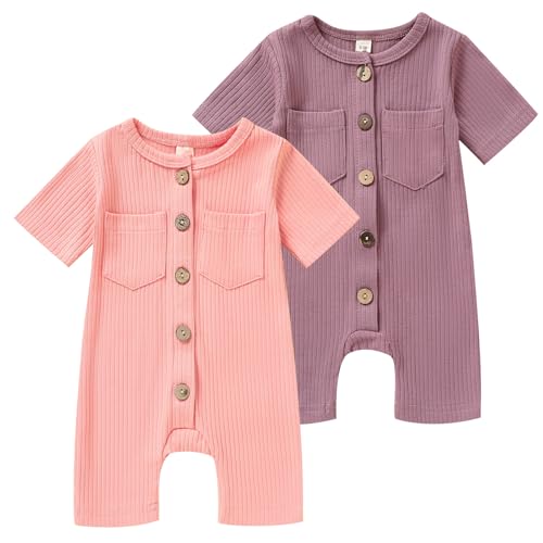 Image of TITKKOP Newborn Baby Boy Girl Clothes 2 Pack Solid Romper Short Sleeve One-Piece Jumpsuits Outfits Sets