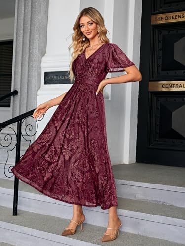 Image of Simplee Women's V Neck Velvet Maxi Dress Short Sleeve Empire Waist Long Formal Dress for Wedding Guest