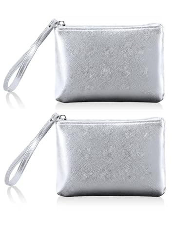 SeBUCUOO 2 Pack Small Zipper Pouch Mini Makeup Bag for Purse Lipstick Cosmetic Travel Make Up Organizer for Women Essentials, Car Change Coin Holder 4.5 x 6.5 Clutch Stadium Approved Wristlet, Silver