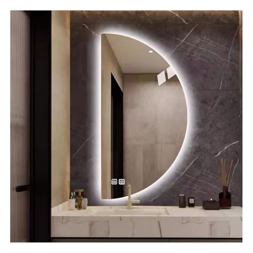 Espejo LED semicircular de Pared, Espejo Semicircular sin Marco con función antivaho, Espejo de Pared Tipo Loft con Brillo Regulable e Indicador de Hora para dormitorios, Salones y entradas