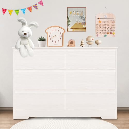 Image of IBXFO White 6 Drawer Dresser for Bedroom, Wide Modern Chest of Drawers No Handles, Wood Storage Cabinet for Living Room, Hallway, Entryway