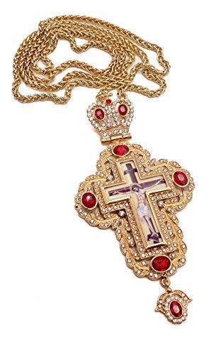 Nazareth Store Pectoral Cross Red Zircons Crystallized Christian Priest Bishop Crucifix Pendant Necklace 20" in Gift Box3