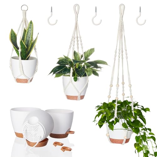 Bamworld Confezione da 3 vasi per piante da appendere, in macramè, per interni ed esterni, set di 3 vasi da fiori autoirriganti, per casa, giardino, balcone, soffitto decorazioni
