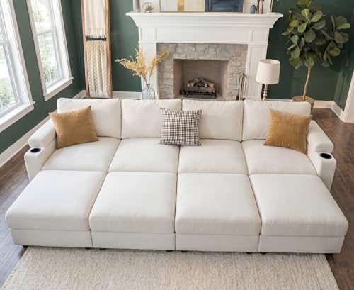 Image of Sectional Couches for Living Room FSC Certified Chenille Modular Couch Oversized Cloud U Shaped Convertible Sleeper Sofa Chaise Detachable Armrest Cushion (Chenille Beige, 8 Seat Sleeper)