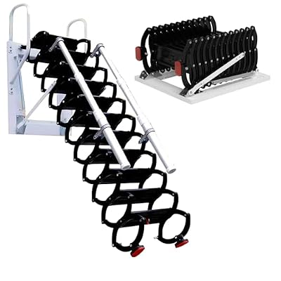 Wall-Mounted Folding Stairs for Attic, Outdoor Attic Ladder Pull Down System, Retractable Loft Ladder with Armrests Handle, 12 Pedals Steps Ladder Extension Staircase Up to 600lbs (Black, 12 Steps)