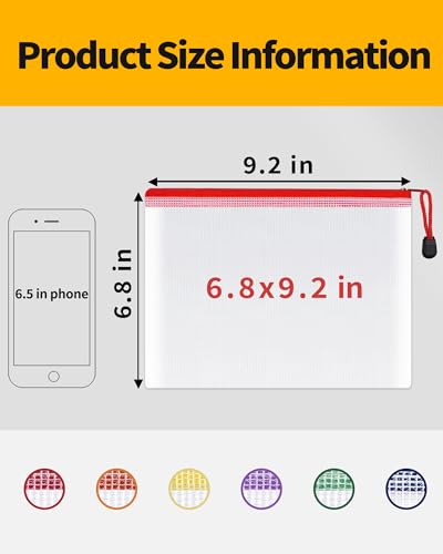 Image of SUNEE Plastic Mesh Zipper Pouch 6.8x9.2 in (6 Colors, 12 Packs), Small Water-Resistant Zip Bag for School Office Supplies, Pencil Organizing Storage