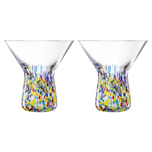 Large Stemless Martini Glasses – Set of 2-8oz Luxury Hand Blown Confetti Margarita, Martinis, Cocktails, Water, Wine, Dessert & Champagne Glasses Cinco de Mayo, Hand Blown - Mexican Confetti Glass