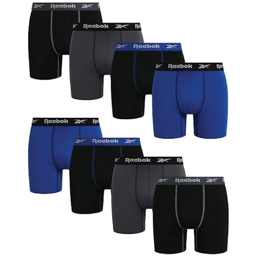 Reebok Mens Boxer Briefs - 8 Pack Stretch Performance Moisture Wicking Mens Underwear Boxers with Contour Pouch (Sizes: S-XL)