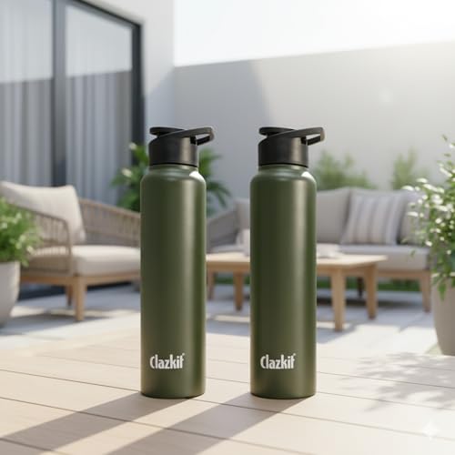 Image of Clazkit Alpha Sporty Stainless Steel Water Bottle Single Wall 1000ml Set of 2 | Lightweight, Leak-Proof, Reusable | Ideal for School Kid, Office, Gym & Travel | Green