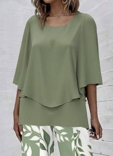 LOZ Women's 2 Piece Outfits Green 3/4 Sleeve Double Layer Top and Leaf Print Straight Leg Pants Lounge Set 2025 Trendy3