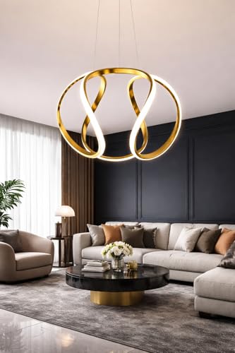 Image of Modern Curvy Gold Finish Spiral Shape Energy Saving Led Pendant Hanging with 3 Different Color Mode (Warm White, Cool White, Neutral White) for Bedroom, Living Room, Restaurants, Dining, Home