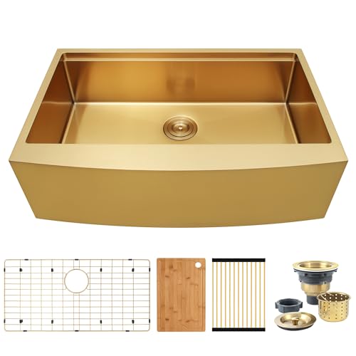 Kitsitchen 33 Inch Gold Farmhouse Sink,16 Gauge Single Bowl Workstation