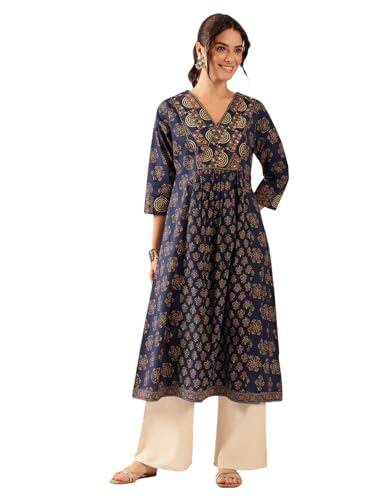 Image of Vbuyz Women's Cotton Floral Print A-Line Regular Fit Kurta