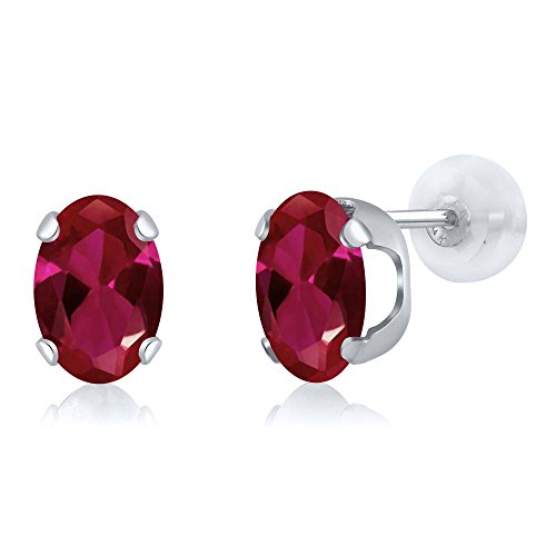 Gem Stone King 2.30 Ct Oval 8X6Mm Red Created Ruby 14K White Gold Stud Earrings #TOP27
