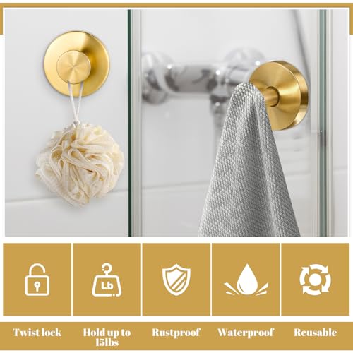 Image of Suction Cup Hooks, 4 Pack Gold Stainless Steel Suction Hooks for Shower | No-Drill, Reusable Removable, Towel Hook Holders for Bathroom Kitchen, For Smooth Surfaces Like Tile, Glass, Mirror