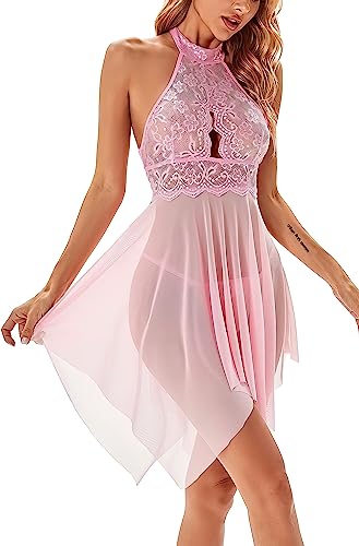 Image of Polyester Spandex & Lace Floral Lingerie for Women Lace Babydoll with G-String Sleepwear Chemise V Neck Mesh Sleepwear Sling Dress Beautifull Babydoll Lingerie Honeymoon