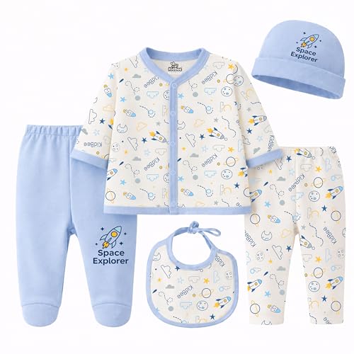 Image of Kidbee Baby Clothing Gift Set for Boys & Girls, 5 Piece Newborn Clothing Combo with Front Open Top, Pajama, Printed Pant, Cap & Bib, Soft Cotton, 0-6 Months Baby