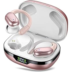 Auriculares Inalambricos Gancho Oreja Auriculares Inalambricos, Auriculares Bluetooth 5.3 con Gancho de la Oreja, 60H de Reproducción, Pantalla LED, Llamada ENC HD, Profundamente Bajo, Ajuste Cómodo, IPX7 Impermeable(Oro Rosa)