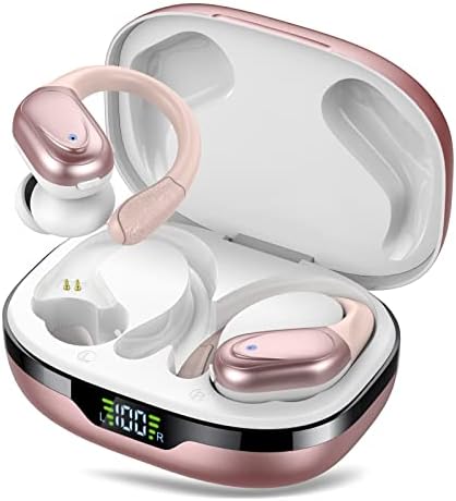 CASCHO Wireless Earbuds, Bluetooth 5.3 Headphones, 60Hrs Playback HD Stereo Audio LED Display, Over-Ear IPX7 Waterproof Earphones with Earhooks, Built-in Mic, Type-C, for Sports (Rose Gold)