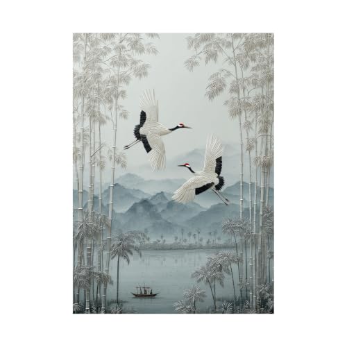Toile murale oiseaux rouges bambou pour habiller un grand mur vide et triste sans l'alourdir