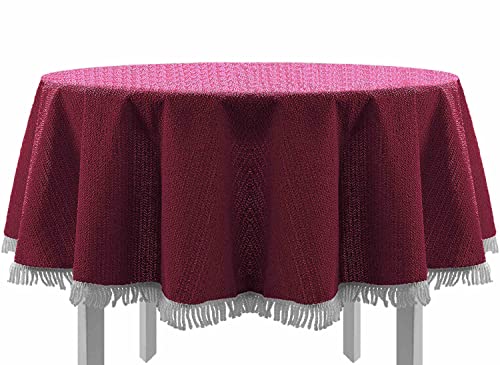 EXKLUSIV HEIMTEXTIL Gartentischdecke mit Fransen Tischdecke Classic Outdoor PVC Weichschaum rutschhemmend für Garten, Balkon, Terrasse 160 cm rund Bordeaux