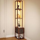HOMCOM Stehlampe Wohnzimmere dimmbare LED Standlampe mit Regalen, Stoffschublade, Fußschalter, modern Standleuchte für Schlafzimmer, Büro, Rustikal-Braun