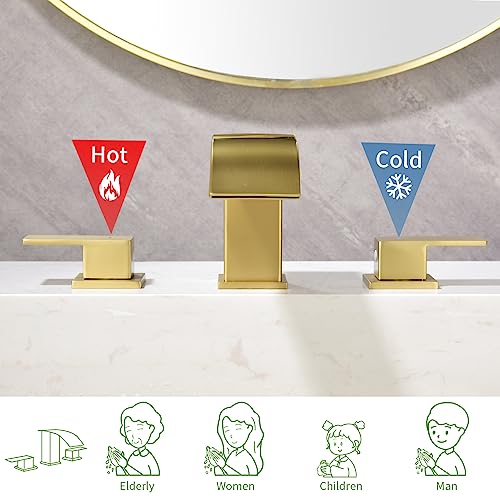 VIKASI Waterfall Bathroom Faucets for Sink 3 Hole Brushed Gold Bathroom Sink Faucet with Pop Up Drain 8 Inch Widespread Vanity Faucets Basin Faucet Modern Vanity Faucet 2 Handle Lavatory Faucet
