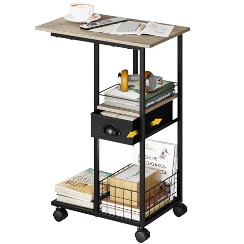 Rolling C Shaped Side Table with Storage Drawer, Ivory Portable Desk on Wheels, Bedside Table for Sofa Couch & Bed, Small Overbed Laptop Desk, Mobile Coffee End Table for Bedroom Living Room Dorm