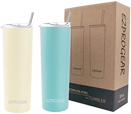 Ezprogear 20 oz 2 Pack Stainless Steel Travel Skinny Tumbler Double Wall Vacuum Insulated with Straws (20 oz 2 Pack, Cream/Sky-Blue)