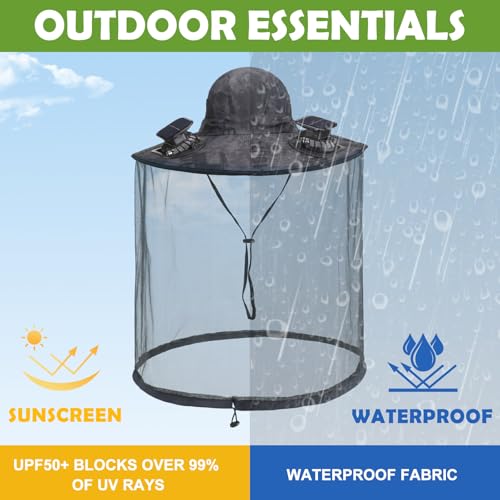 Image of Mosquito Hat with Net 2 Solar Fan Wide Brim Bug Sun Hat Netting UPF 50+ for Fishing Hiking Garden