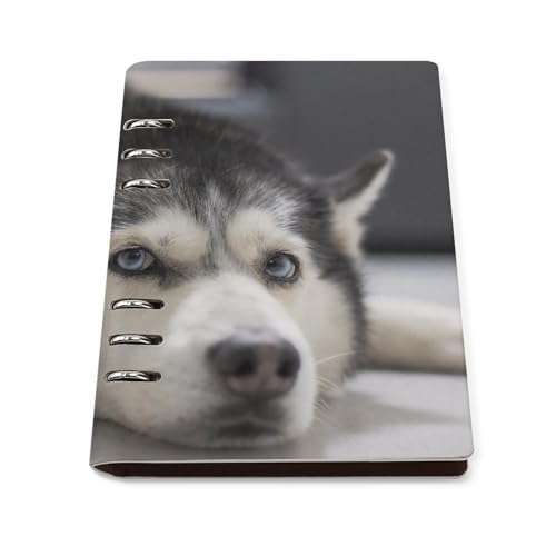 伏せているシベリアンハスキー ノート 6穴 ルーズリーフ バインダー メモ帳 リングノート システム手帳 ビジネス 多機能 スケジュール帳 PUレザー ダイアリー帳 手作り手帳 文房具 ギフト オフィス用品 差し替え可 おしゃれ