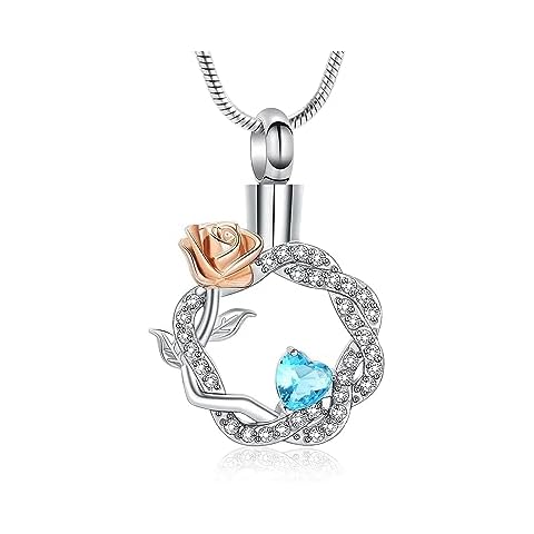 mingkejw Rose Flower Wreath Urn Necklace for Ashes Heart Cremation Jewelry Stainless Steel Memorial Necklaces Ash Holder for Human Pets Keepsake Jewelry Gift for Women Girls with Fill Tool,Blue Cover