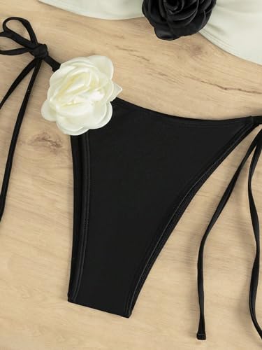 GORGLITTER Women's 2 Piece 3D Floral Strapless Swimsuit Bandeau Top Cheeky String Thong Bikini Set Bathing Suit3