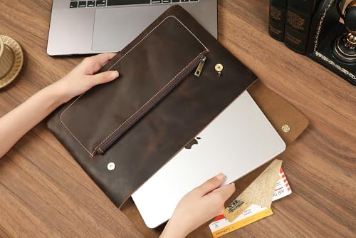 Genuine Leather Sleeve for 13/14/15-in MacBook Pro & MacBook Air, Slim Protective Laptop Case, Folio Document Organizer Leather Folder Portfolio-Dark Kahki by DUKE&COW - Used condition - Image 6