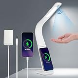 rigors Schreibtischlampe LED mit Smart Gesture Sensor, Desk Lamp Stufenloses Dimmen, 10W Wireless Charging und USB Ladefunktion, Bürolampe 270°-Einstellung des Lampenarms Tischleuchte für Büro Weiß