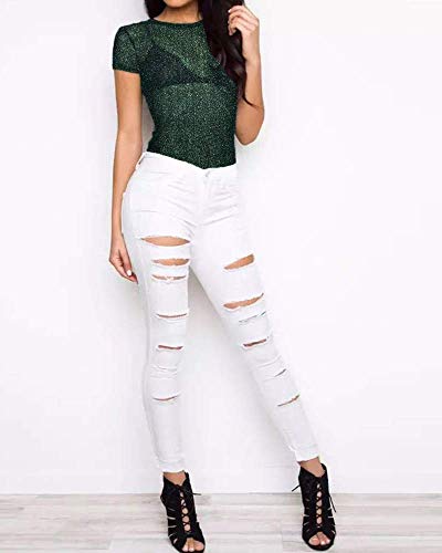 Image of MANGOPOP Women's Long Sleeve /Short Sleeve Glitter Sheer Mesh Tops T Shirt Blouse Clubwear (1113 (Dark Green), Small)