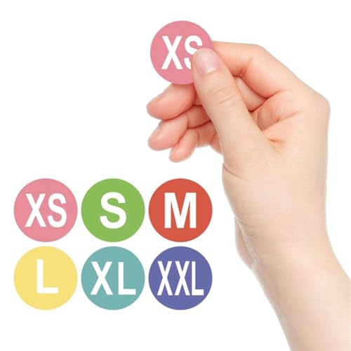 350 etiquetas adhesivas de tamaño de ropa de 2,54 cm, autoadhesivas, codificadas por colores, para camisetas, pantalones, faldas, ropa minorista, 7 tamaños (XS, S, M, L, XL, XXL, XXXL)