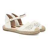 100582 Alpargata plana de mujer con diseno troquelado decorativo, estilo artesanal. Suela de yute comoda y ligera, pulsera trasera con cierre ajustable de hebilla. Ideal para verano. Blanco Talla 37