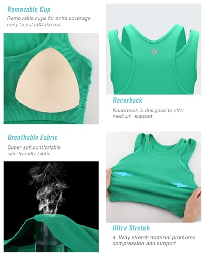 Image of RUNNING GIRL Sports Bras for Women High Impact Seamless Ribbed Longline High Neck Workout Crop Tank Tops Padded(BX3036Bright Green,S)