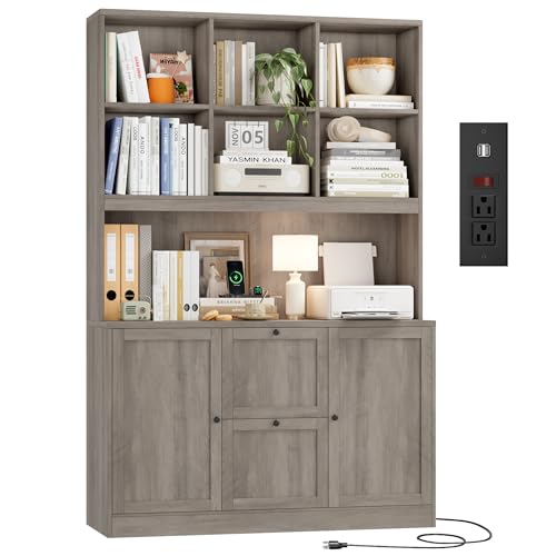 HIFIT 72'' Tall File Bookcase with Power Outlet & Printer Stand, 2 Drawer Filing Cabinets for Home Office Hanging A4 File, Storage Cabinet w/ 3 Tier Open Book Shelf & Doors for Living Room, Ash Grey