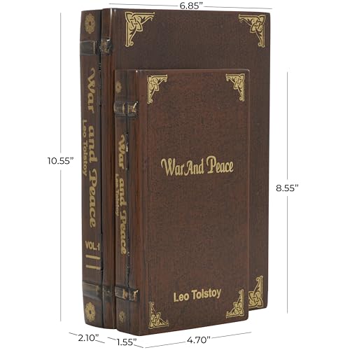 Deco 79 Wooden Decorative Box War and Peace Storage Faux Book Decorative Keepsake Boxes, Set of 2 Storage Boxes 11", 9" W, Brown