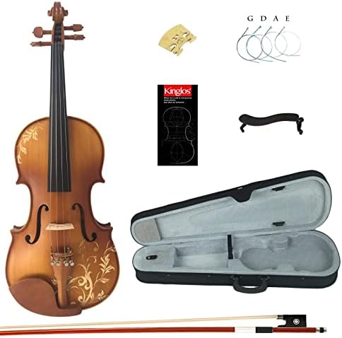 Kinglos 4/4 Flower Carved Ebony Fitted Solid Wood Violin Kit with Case, Shoulder Rest, Bow, Extra Bridge and Strings Full Size (DH003)