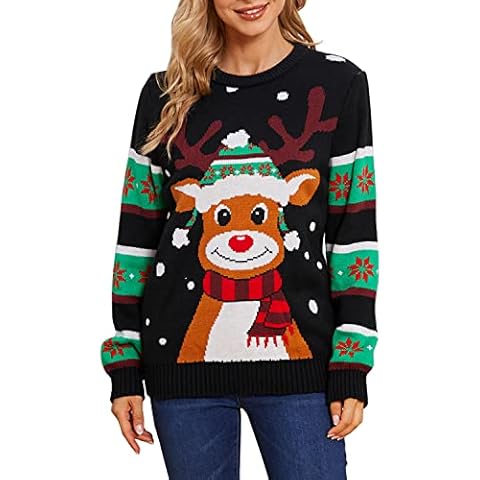 VENTELAN Women's Christmas Sweater Funny Christmas Deer Knitted Pullover Snowflake Long Sleeve Sweater Jumpers,Black,L Cover