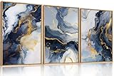 Celestdeco Blue and Gold Framed Canvas Wall Art Set, Mid-century Modern Abstract Wall Decor, Navy Blue Ink Wash Painting, Neutral Art Print for Living Room, Bedroom, Dining Room, Office - 16'x24'x3