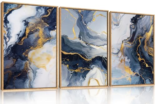 Celestdeco Blue and Gold Framed Canvas Wall Art Set, Mid-century