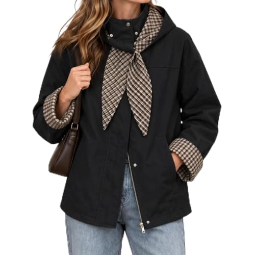 Cropped Trench Coat for Women Fall Winter Jacket with Plaid Hood - image 1