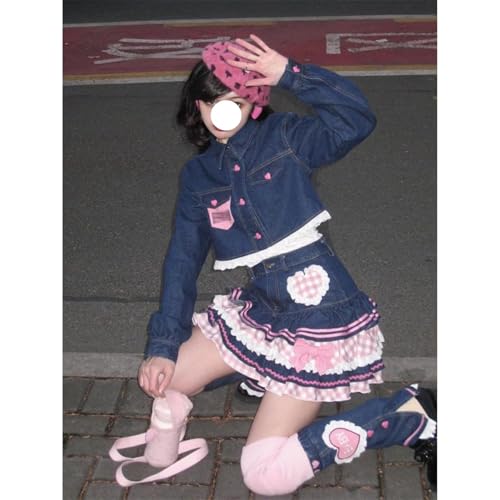 Denim Patchwork Gingham Heart Kawaii Ruffle Mini High Waist Bowknot Lace Ribbon Trim Puffy Cute Skirts3