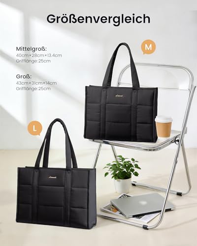 LOVEVOOK Handtasche Damen Groß, Puffer Laptoptasche 15,6 Zoll Shopper Tasche Arbeitstasche Aktentasche, Tote Bag Women Handbag Lehrertasche Schultasche Schultertasche für Uni Business Schule, Schwarz